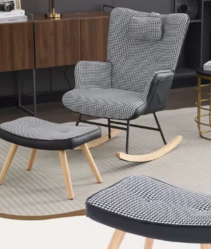 Schommelstoel met Voetensteun en Hoofdsteun – Geruit – Ergonomisch Design & Zijvakken – Comfortabele Geruite Fauteuil voor Woonkamer of Kinderkamer