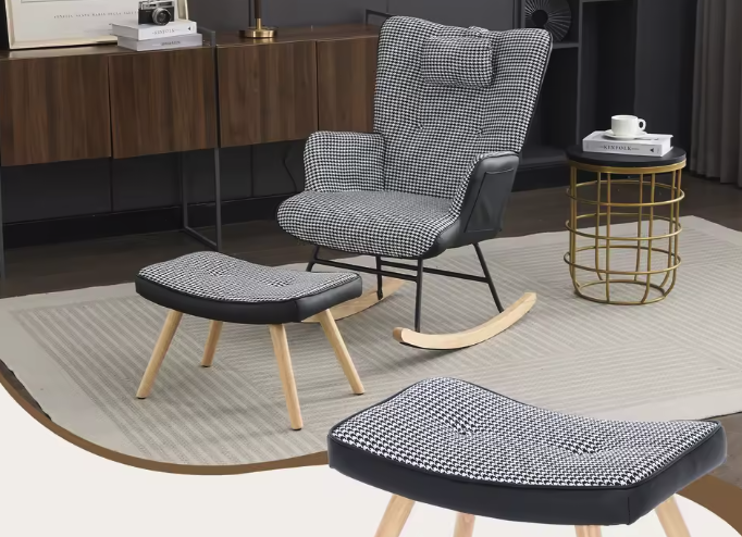 Schommelstoel met Voetensteun en Hoofdsteun – Geruit – Ergonomisch Design & Zijvakken – Comfortabele Geruite Fauteuil voor Woonkamer of Kinderkamer