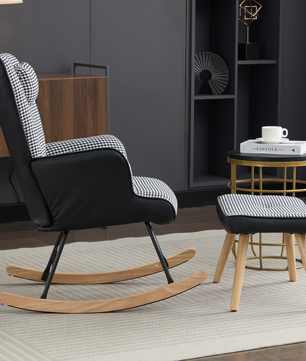 Schommelstoel met Voetensteun en Hoofdsteun – Geruit – Ergonomisch Design & Zijvakken – Comfortabele Geruite Fauteuil voor Woonkamer of Kinderkamer