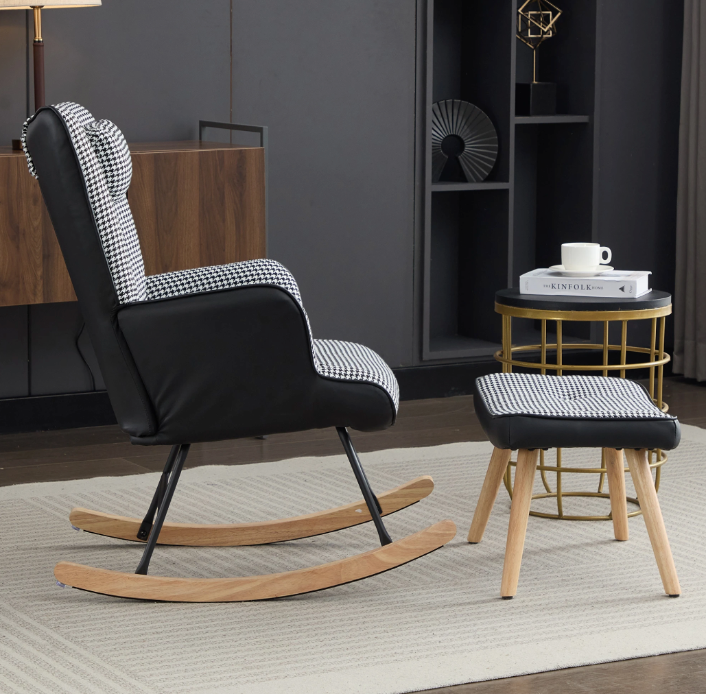 Schommelstoel met Voetensteun en Hoofdsteun – Geruit – Ergonomisch Design & Zijvakken – Comfortabele Geruite Fauteuil voor Woonkamer of Kinderkamer