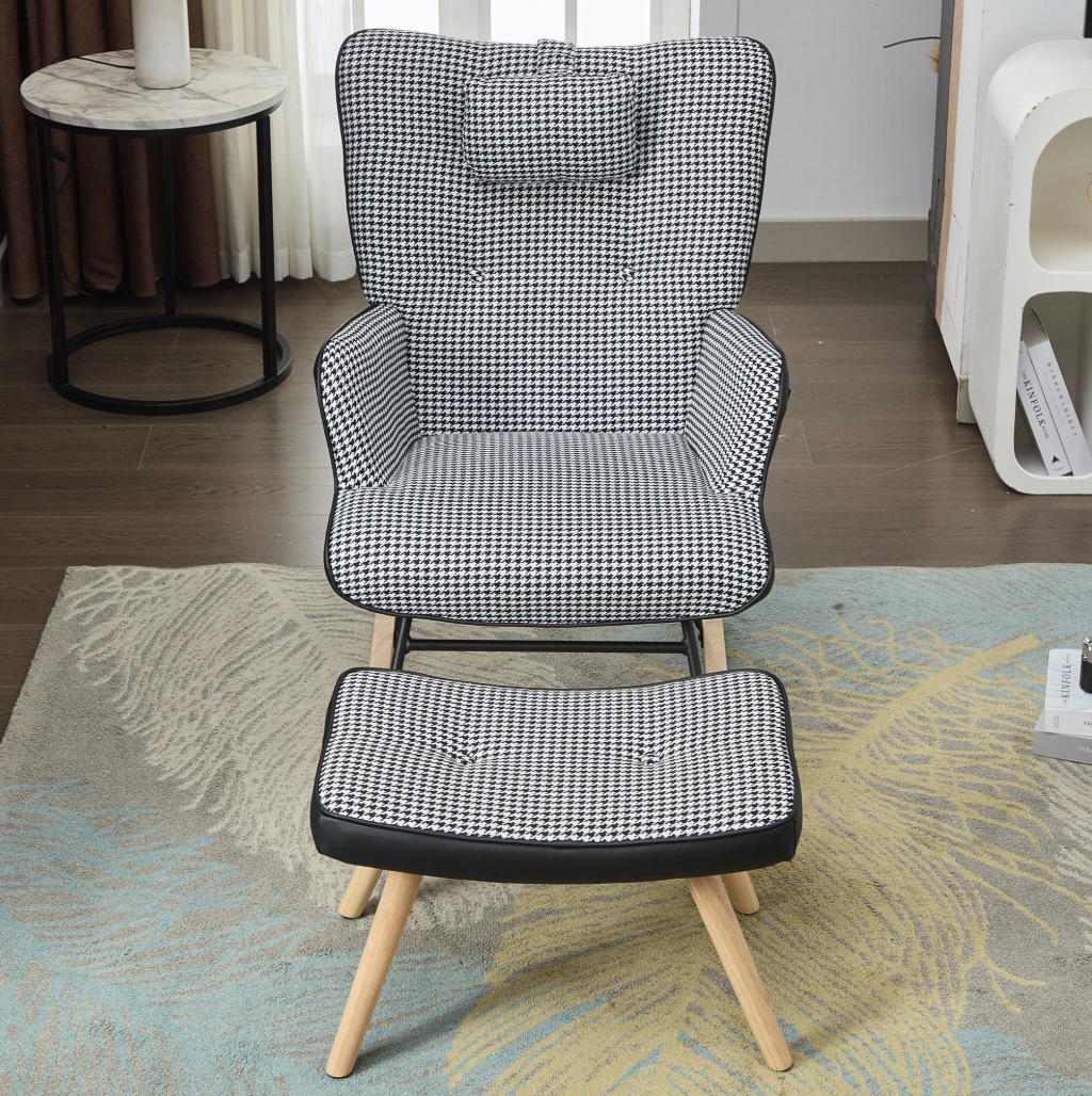 Schommelstoel met Voetensteun en Hoofdsteun – Geruit – Ergonomisch Design & Zijvakken – Comfortabele Geruite Fauteuil voor Woonkamer of Kinderkamer