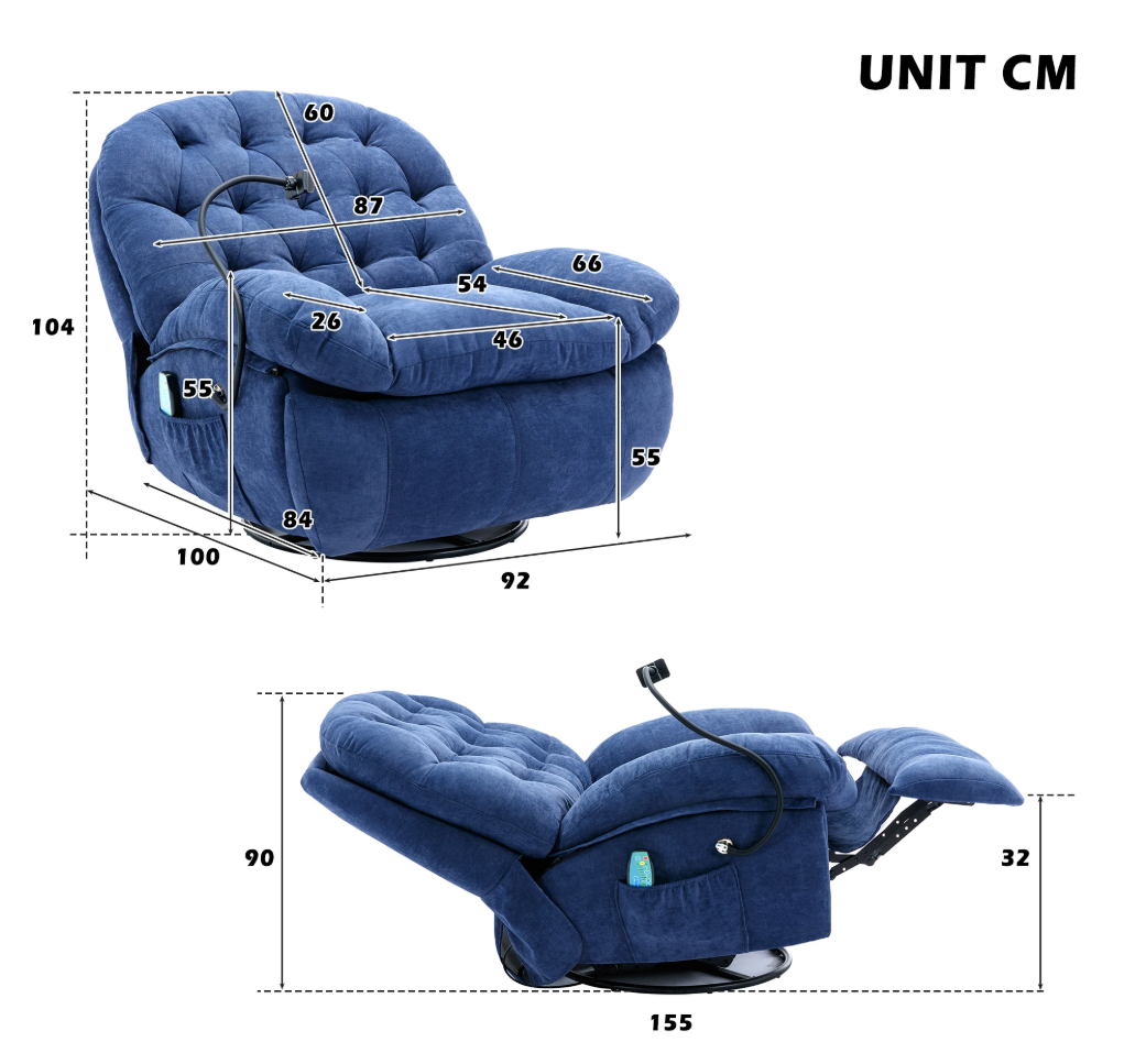 Blauwe Massagefauteuil met Verwarming – Verstelbare Relaxstoel met Opbergvak & Telefoonhouder, Zonder Shiatsu