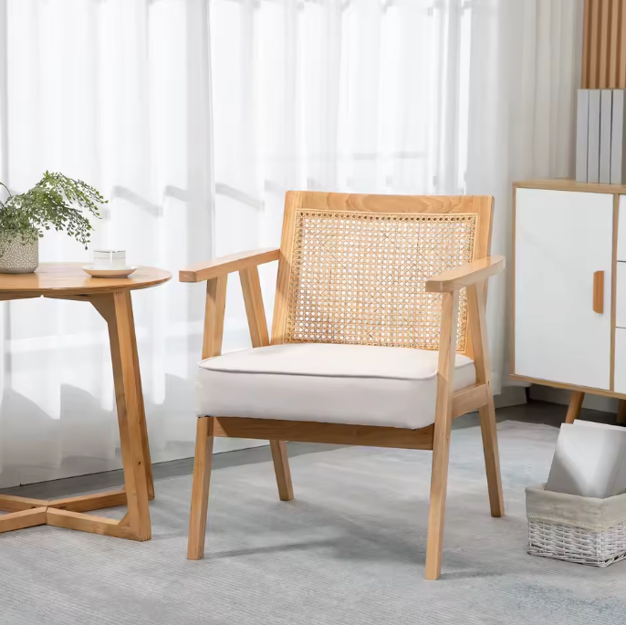 Beige Rotan Fauteuil – Natuurlijke Loungezetel met Linnen Bekleding & Houten Frame