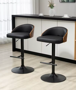 Set van 2 Draaibare Barkrukken met Voetensteun – In Hoogte Verstelbaar – Zwart & Koffie – Hout en Metaal