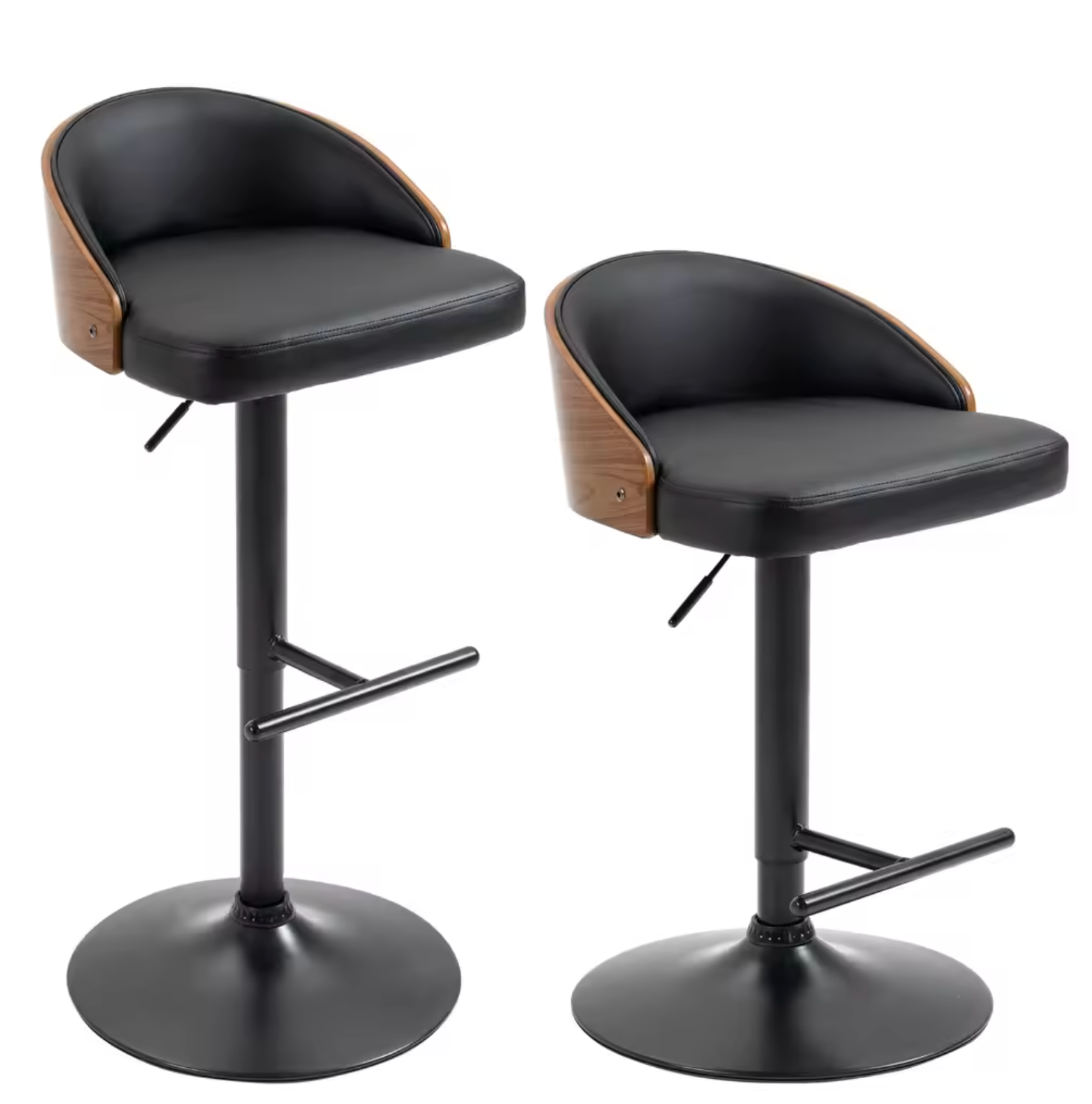 Set van 2 Draaibare Barkrukken met Voetensteun – In Hoogte Verstelbaar – Zwart & Koffie – Hout en Metaal