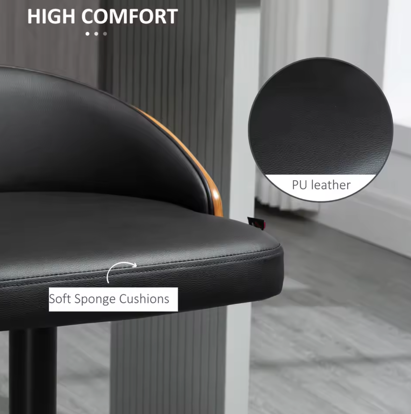 Set van 2 Draaibare Barkrukken met Voetensteun – In Hoogte Verstelbaar – Zwart & Koffie – Hout en Metaal