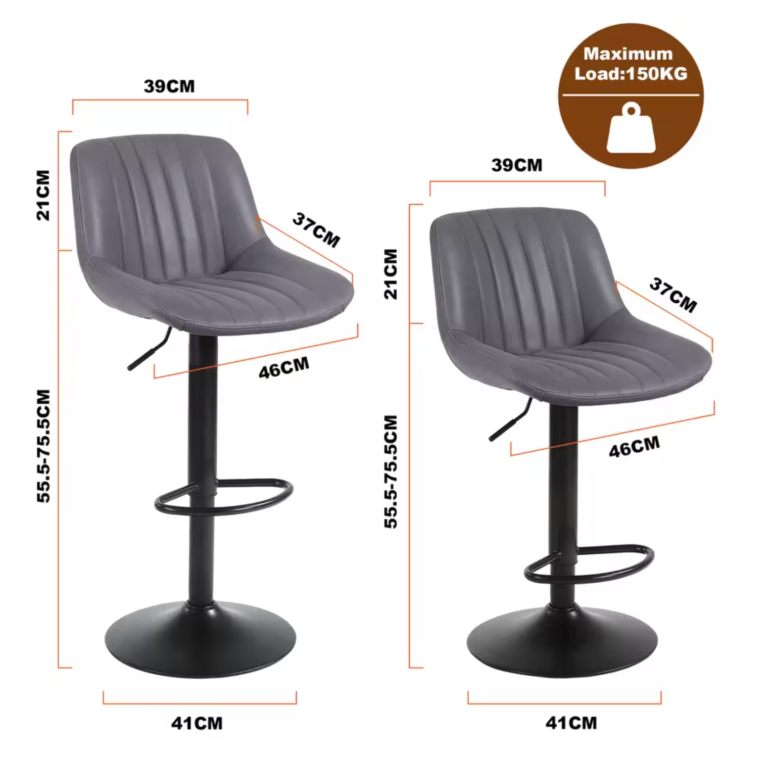 Set van 4 Draaibare Barkrukken – Verstelbaar PU-Leder met Rugleuning, Donkergrijs