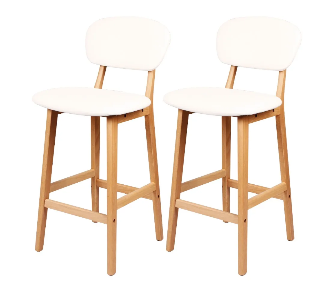 Set van 2 Witte Barkrukken – Kunstleer & Massief Hout, Modern Design voor Keuken of Bar