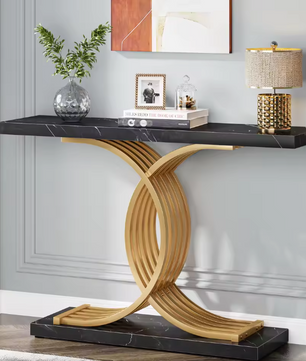 Gouden consoletafel met marmerlook blad en metalen frame