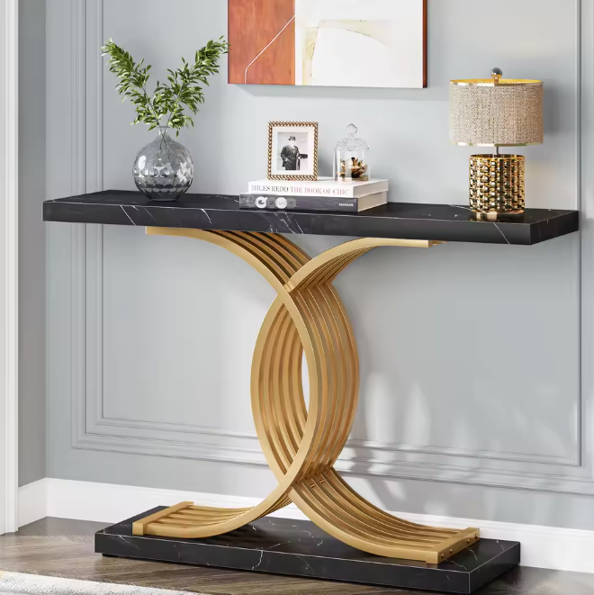 Gouden consoletafel met marmerlook blad en metalen frame