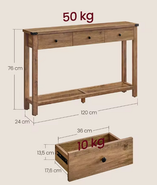 Landelijke Consoletafel met 3 Laden & Plank – Rustiek Houtdesign, 120×24×76 cm