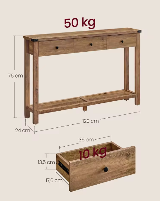 Landelijke Consoletafel met 3 Laden & Plank – Rustiek Houtdesign, 120×24×76 cm