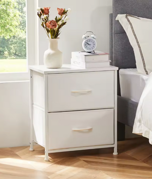 Compact nachtkastje met 2 stoffen lades en houten blad