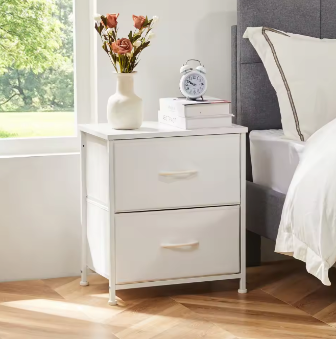 Compact nachtkastje met 2 stoffen lades en houten blad