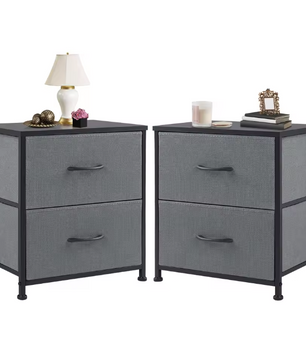 Compact nachtkastje met 2 stoffen lades en houten blad