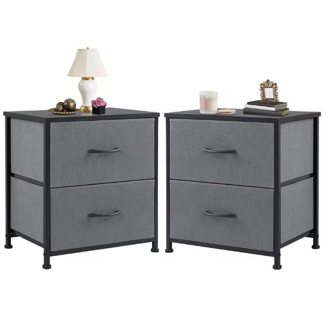 Compact nachtkastje met 2 stoffen lades en houten blad