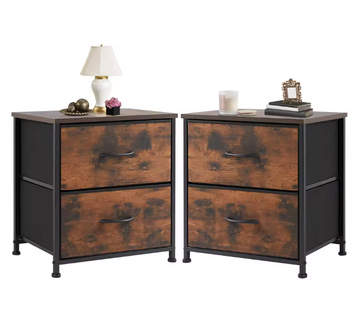 Compact nachtkastje met 2 stoffen lades en houten blad
