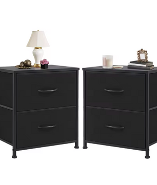 Compact nachtkastje met 2 stoffen lades en houten blad