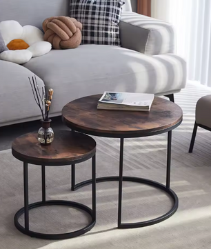 Set van 2 Scandinavische Salontafels – Ronde Tafels met Metaal & Hout, Stapelbaar en Modern