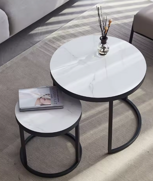 Set van 2 Scandinavische Salontafels – Ronde Tafels met Metaal & Hout, Stapelbaar en Modern
