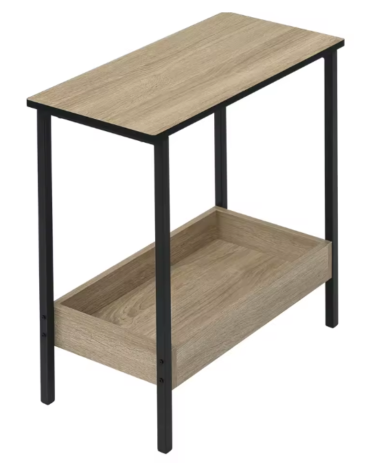 Compacte Bijzettafel / Salontafel met 2 Planken – Licht Eiken & Zwart Metaal