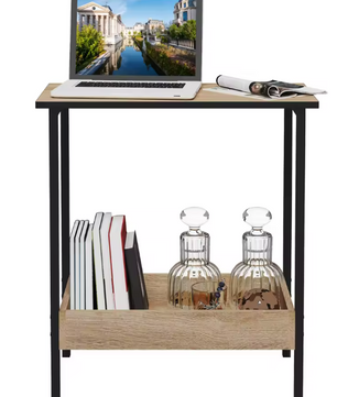 Compacte Bijzettafel / Salontafel met 2 Planken – Licht Eiken & Zwart Metaal