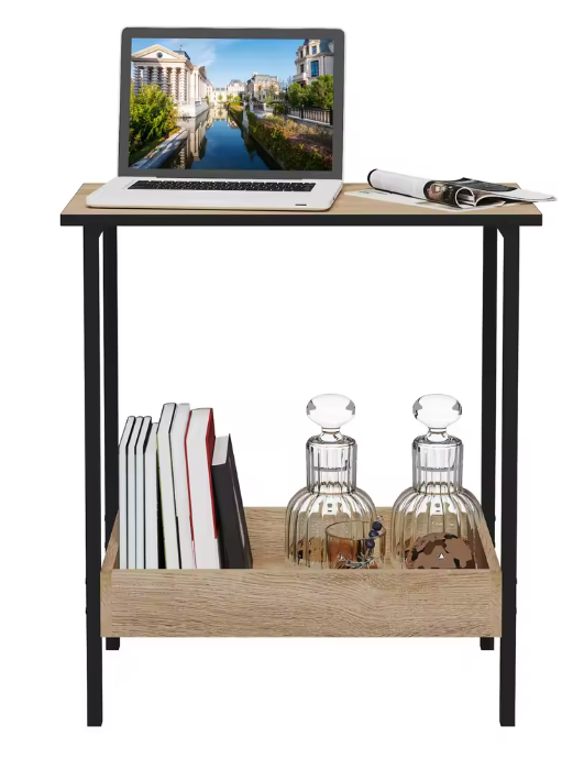 Compacte Bijzettafel / Salontafel met 2 Planken – Licht Eiken & Zwart Metaal