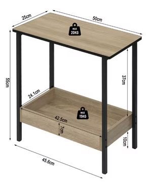 Compacte Bijzettafel / Salontafel met 2 Planken – Licht Eiken & Zwart Metaal