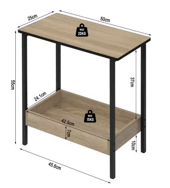 Compacte Bijzettafel / Salontafel met 2 Planken – Licht Eiken & Zwart Metaal