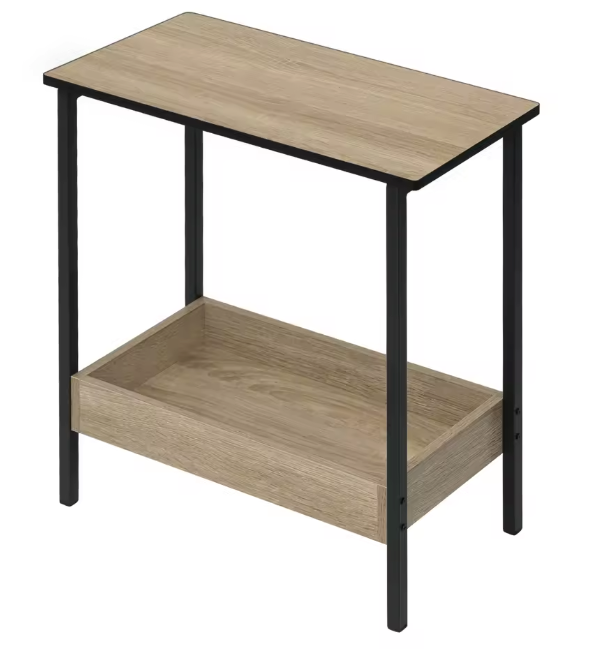 Compacte Bijzettafel / Salontafel met 2 Planken – Licht Eiken & Zwart Metaal