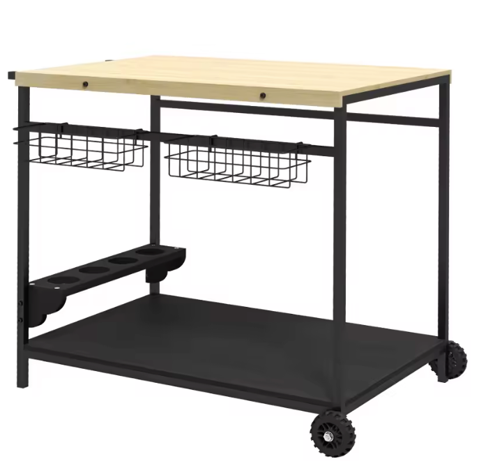 Houten tuinwagen met flessenrek, mand en 2 niveaus