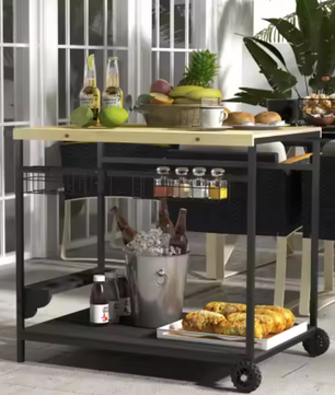 Houten tuinwagen met flessenrek, mand en 2 niveaus