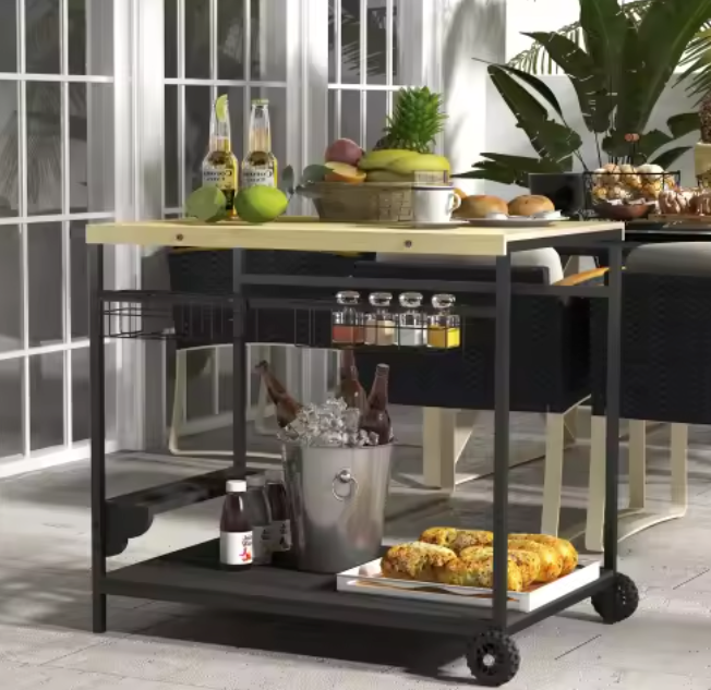 Houten tuinwagen met flessenrek, mand en 2 niveaus