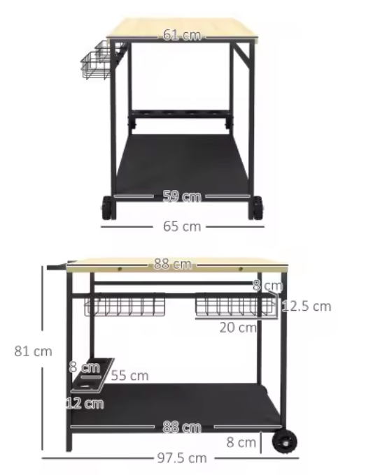 Houten tuinwagen met flessenrek, mand en 2 niveaus