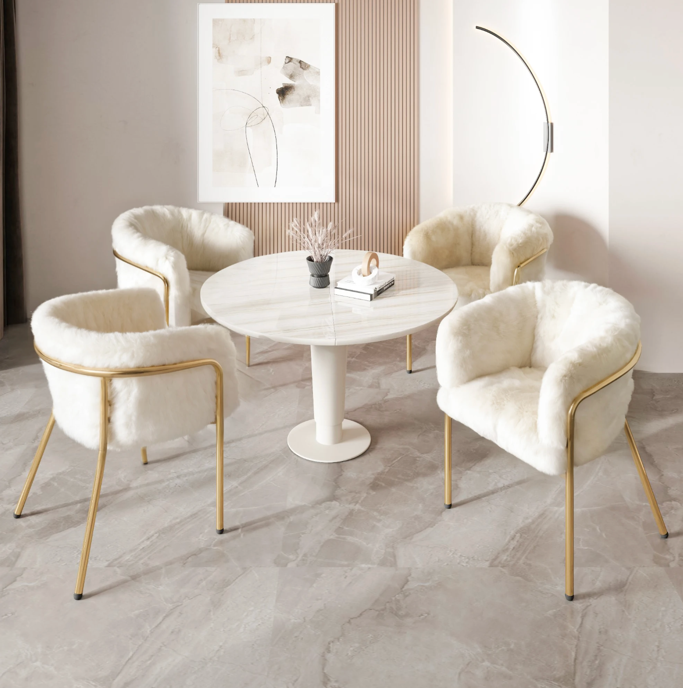 Luxe Fauteuil van Imitatiebont Konijn – Gouden Metalen Poten – Beige