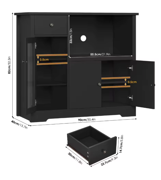 Keukenkast met Werkblad – Dressoir met Lade, 3 Deuren & Magnetronplank