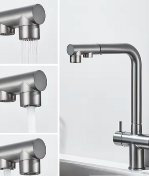 Gouden Keukenkraan met Filter – Uittrekbare Dual Uitloop & Mengfunctie