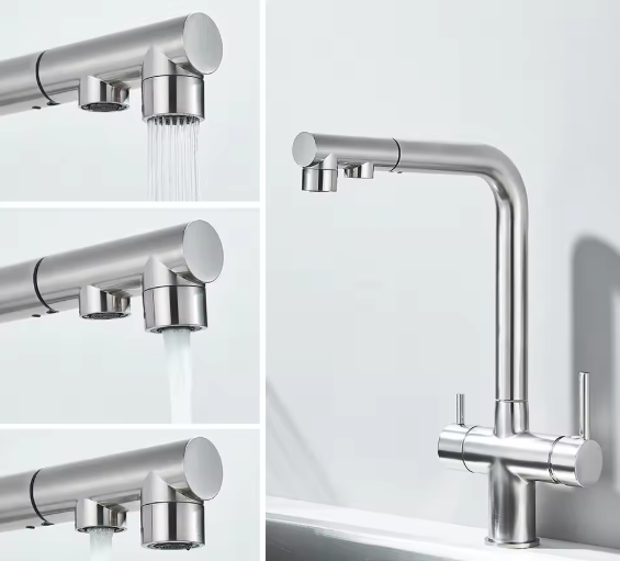 Gouden Keukenkraan met Filter – Uittrekbare Dual Uitloop & Mengfunctie