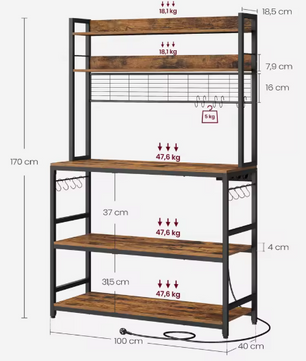 Keukenrek met Stopcontacten en 14 Haken – 5 Lagen, Verstelbare Plank & Kabelbeheer