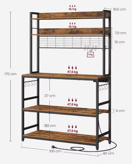 Keukenrek met Stopcontacten en 14 Haken – 5 Lagen, Verstelbare Plank & Kabelbeheer