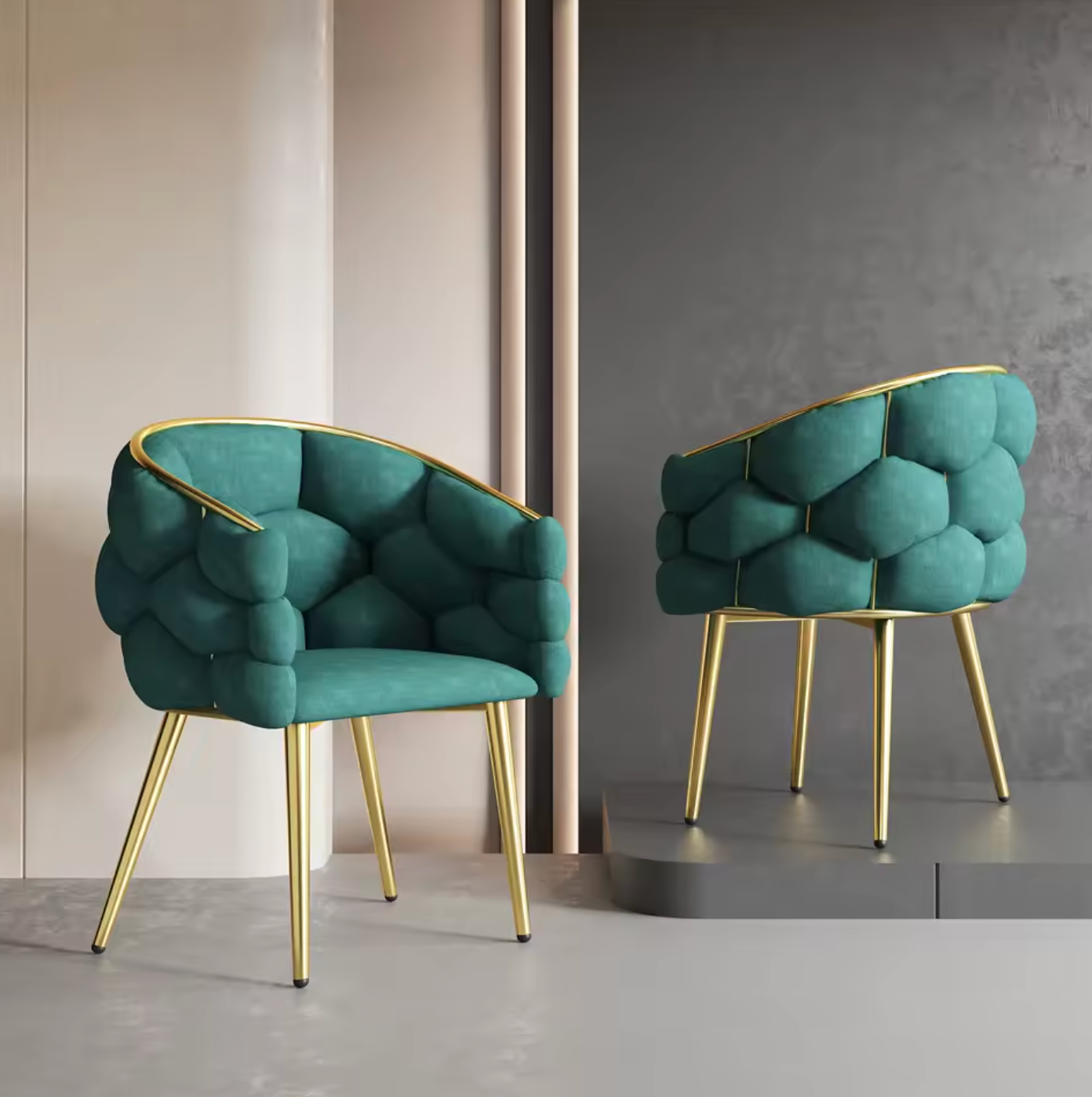 Luxe Fluwelen Eetkamerstoel Grijs/Groen/Beige – Gouden Poten & Ergonomisch Comfort