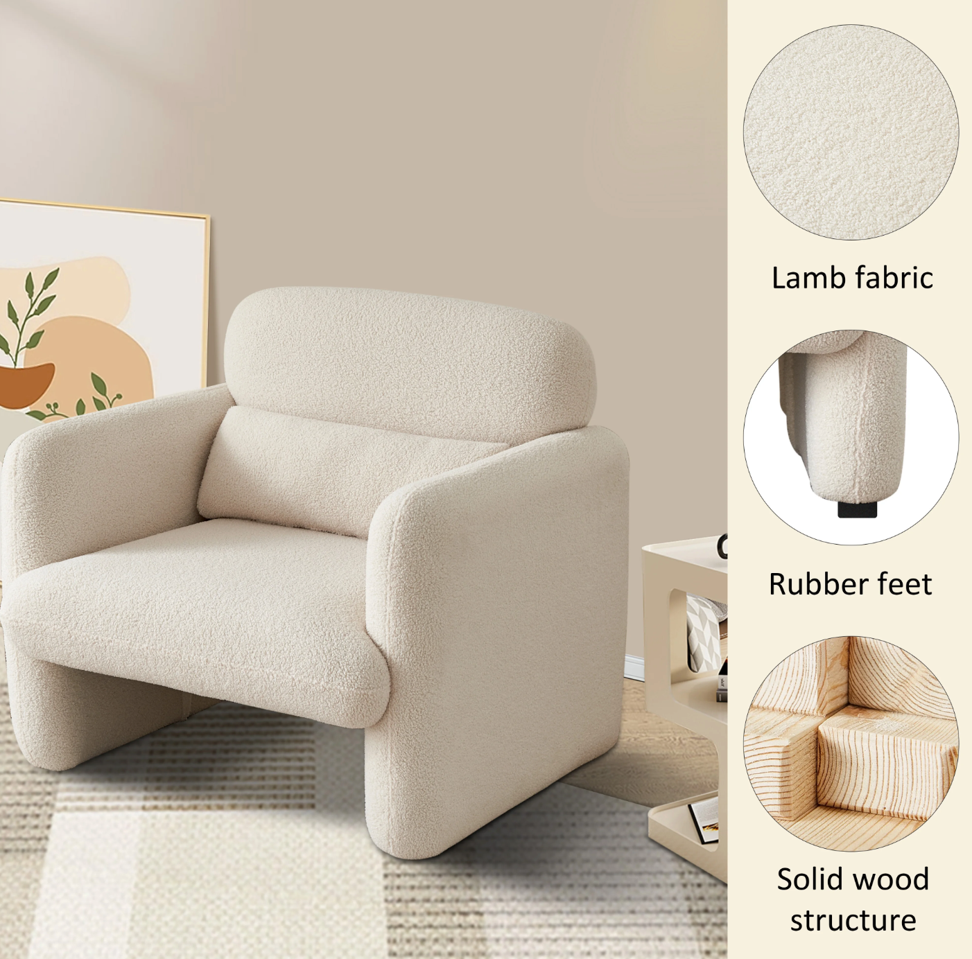 Lamswollen Beige Loungestoel – Zachte Fauteuil met Kussen & Armleuningen