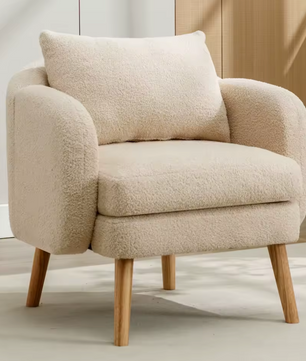 Teddyfluwelen Fauteuil met Extra Dikke Zitting Beige & Houten Poten