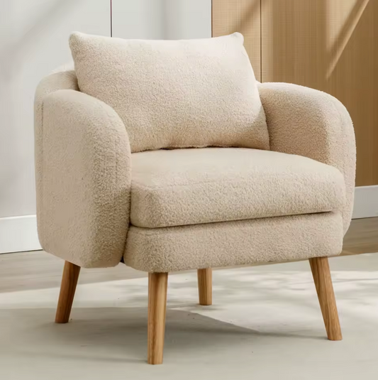 Teddyfluwelen Fauteuil met Extra Dikke Zitting Beige & Houten Poten