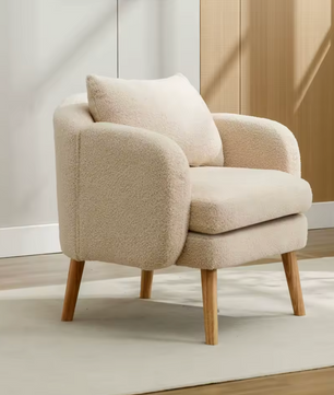 Teddyfluwelen Fauteuil met Extra Dikke Zitting Beige & Houten Poten