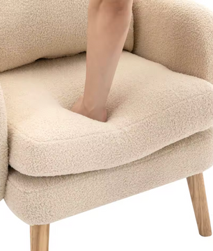 Teddyfluwelen Fauteuil met Extra Dikke Zitting Beige & Houten Poten