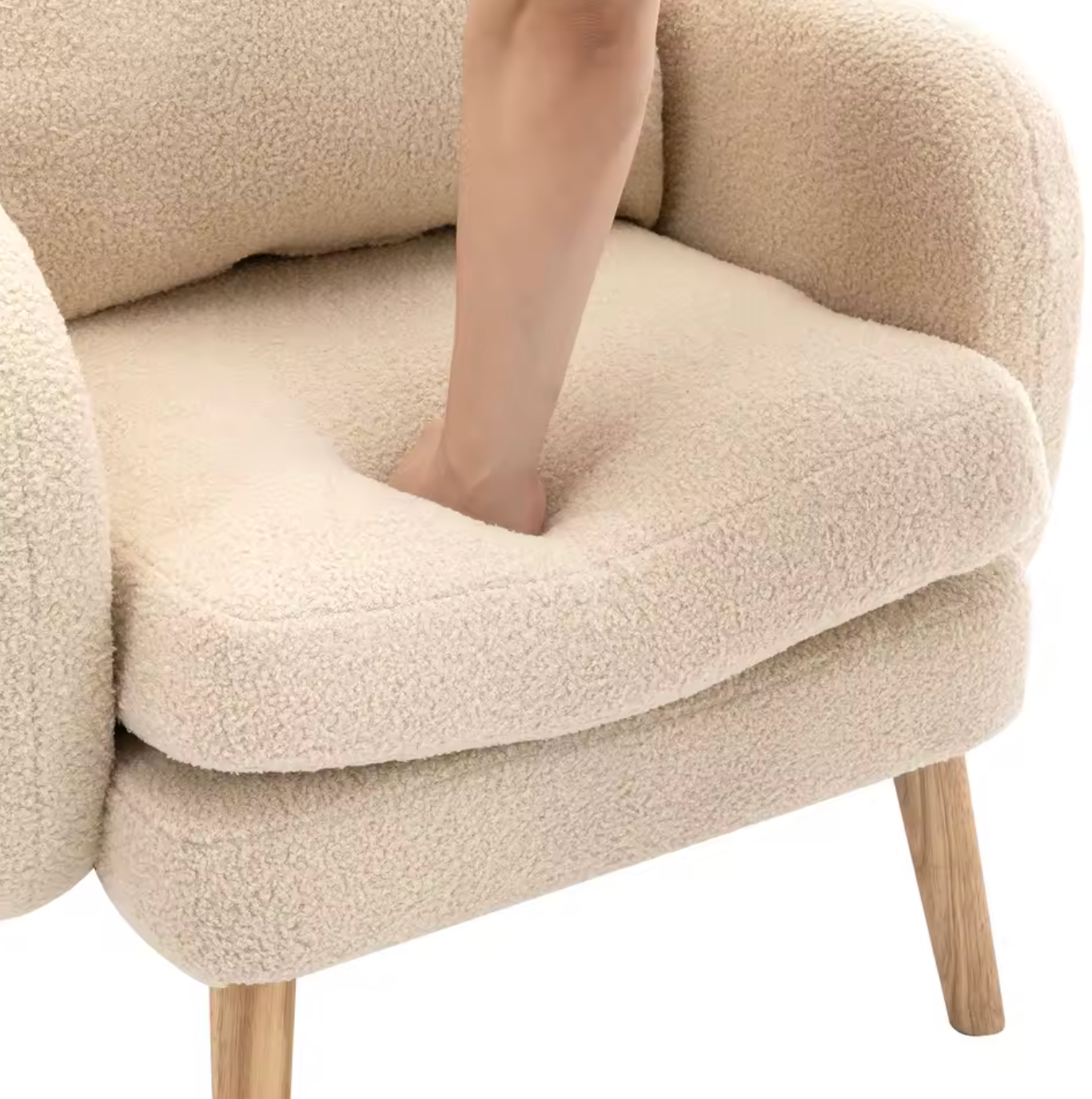 Teddyfluwelen Fauteuil met Extra Dikke Zitting Beige & Houten Poten