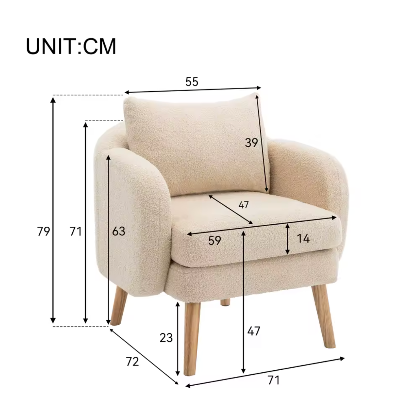 Teddyfluwelen Fauteuil met Extra Dikke Zitting Beige & Houten Poten