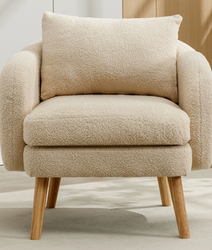 Teddyfluwelen Fauteuil met Extra Dikke Zitting Beige & Houten Poten