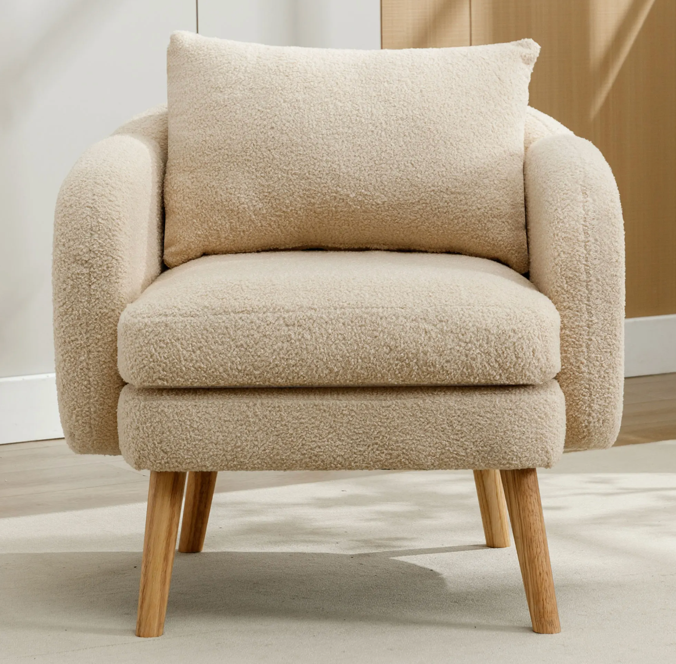 Teddyfluwelen Fauteuil met Extra Dikke Zitting Beige & Houten Poten